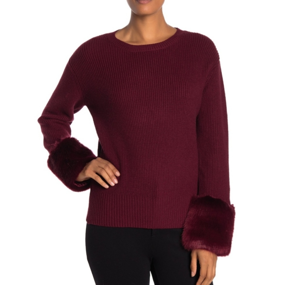 Love Token Faux Fur Cuff Knit Sweater XS S Wine
